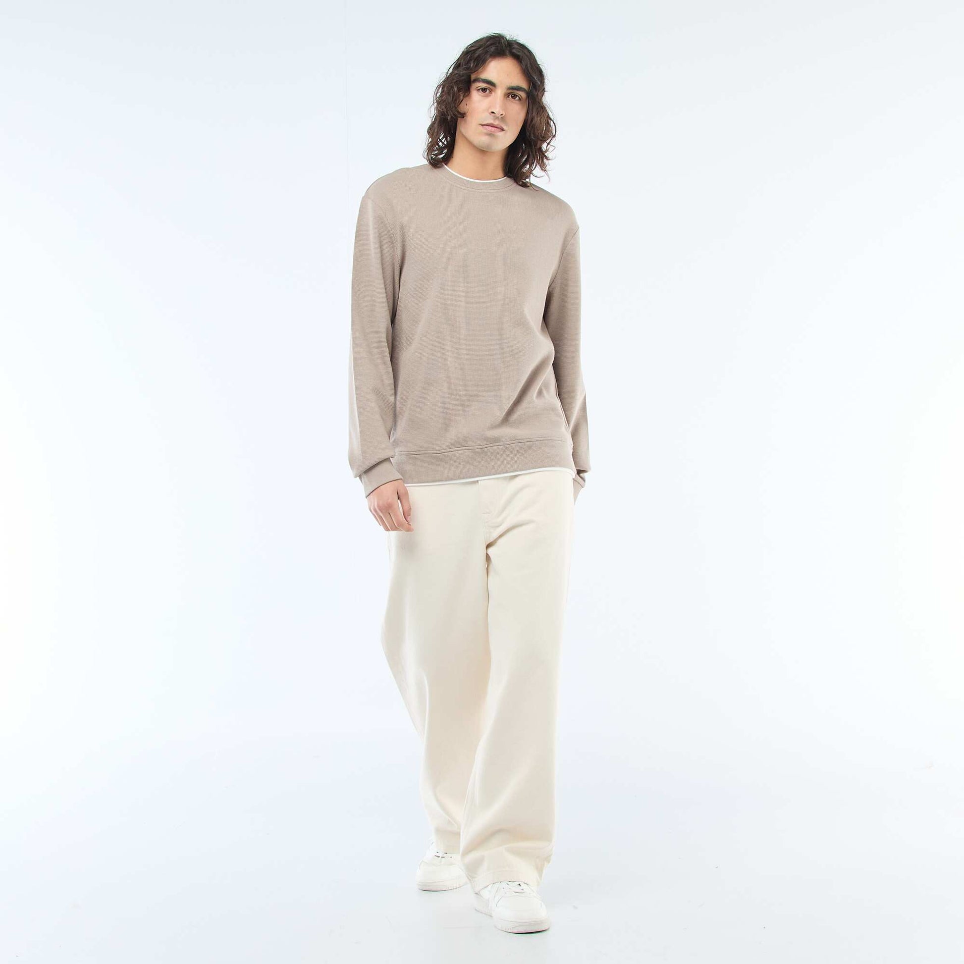 Sweater cuello redondo nido de abeja BEIGE