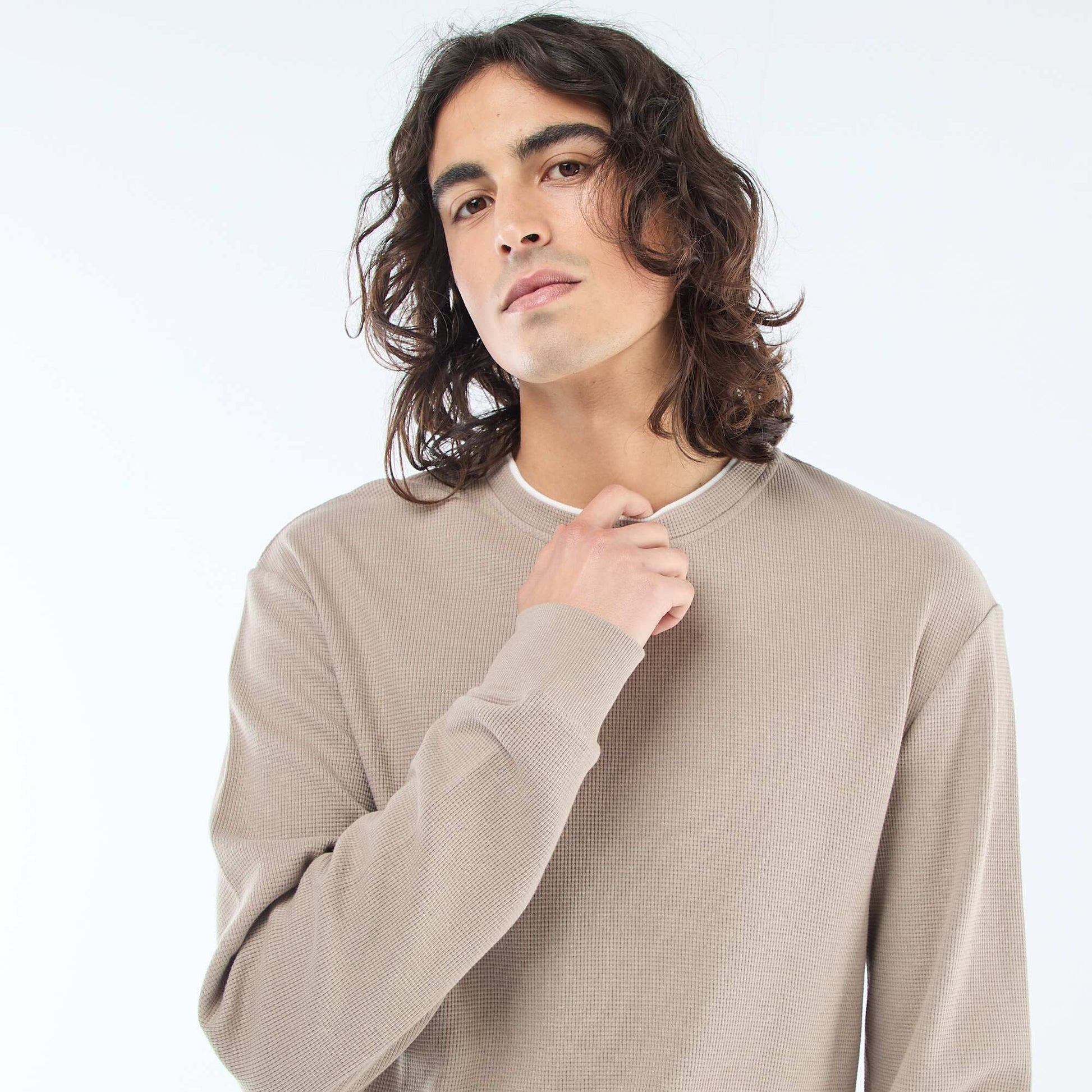 Sweater cuello redondo nido de abeja BEIGE