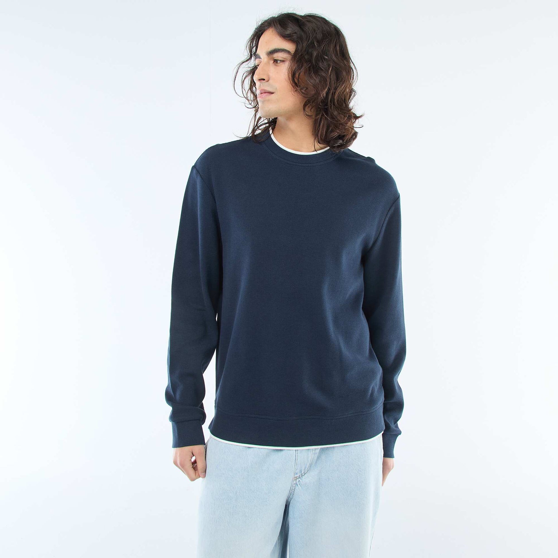 Sweater cuello redondo nido de abeja AZUL