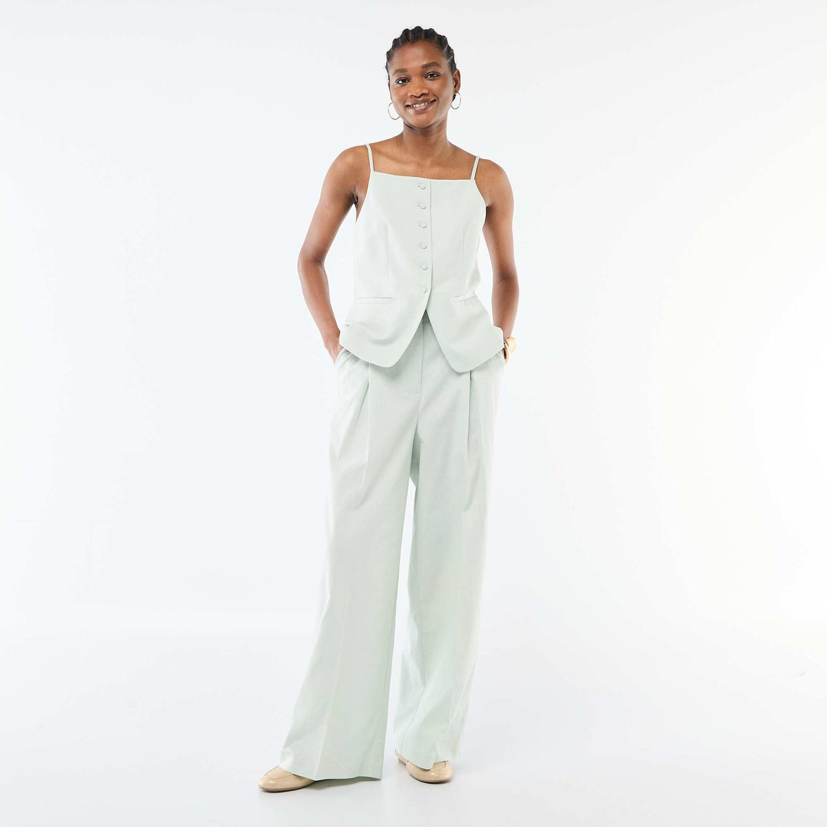 Pantalón ancho de ceremonia en mezcla de lino AZUL