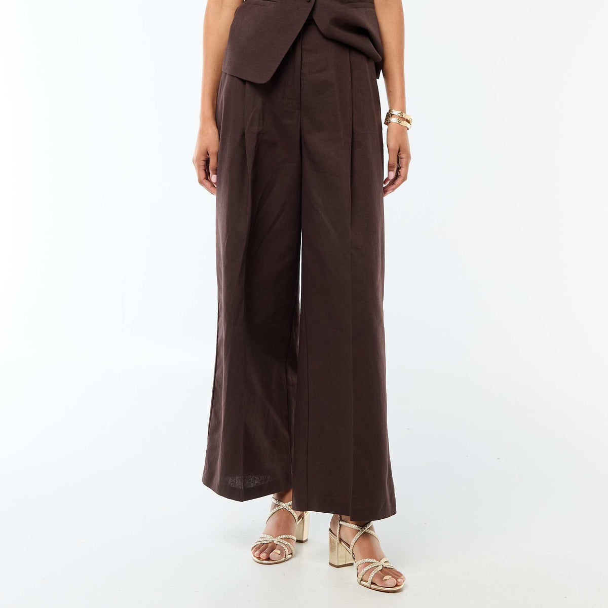 Pantalón ancho de ceremonia en mezcla de lino MARRON