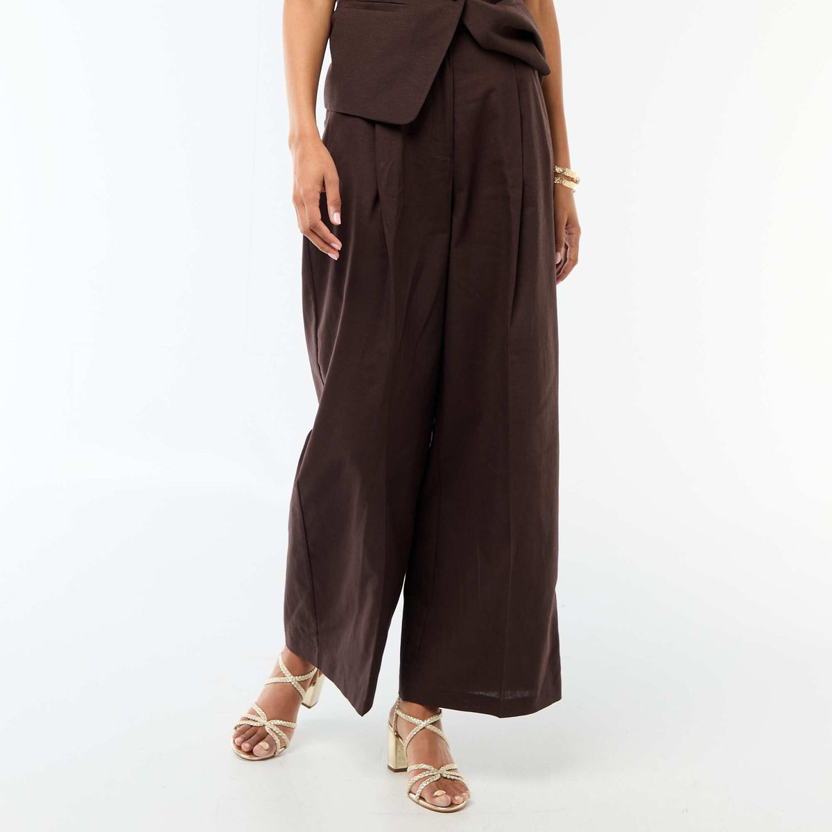 Pantalón ancho de ceremonia en mezcla de lino MARRON