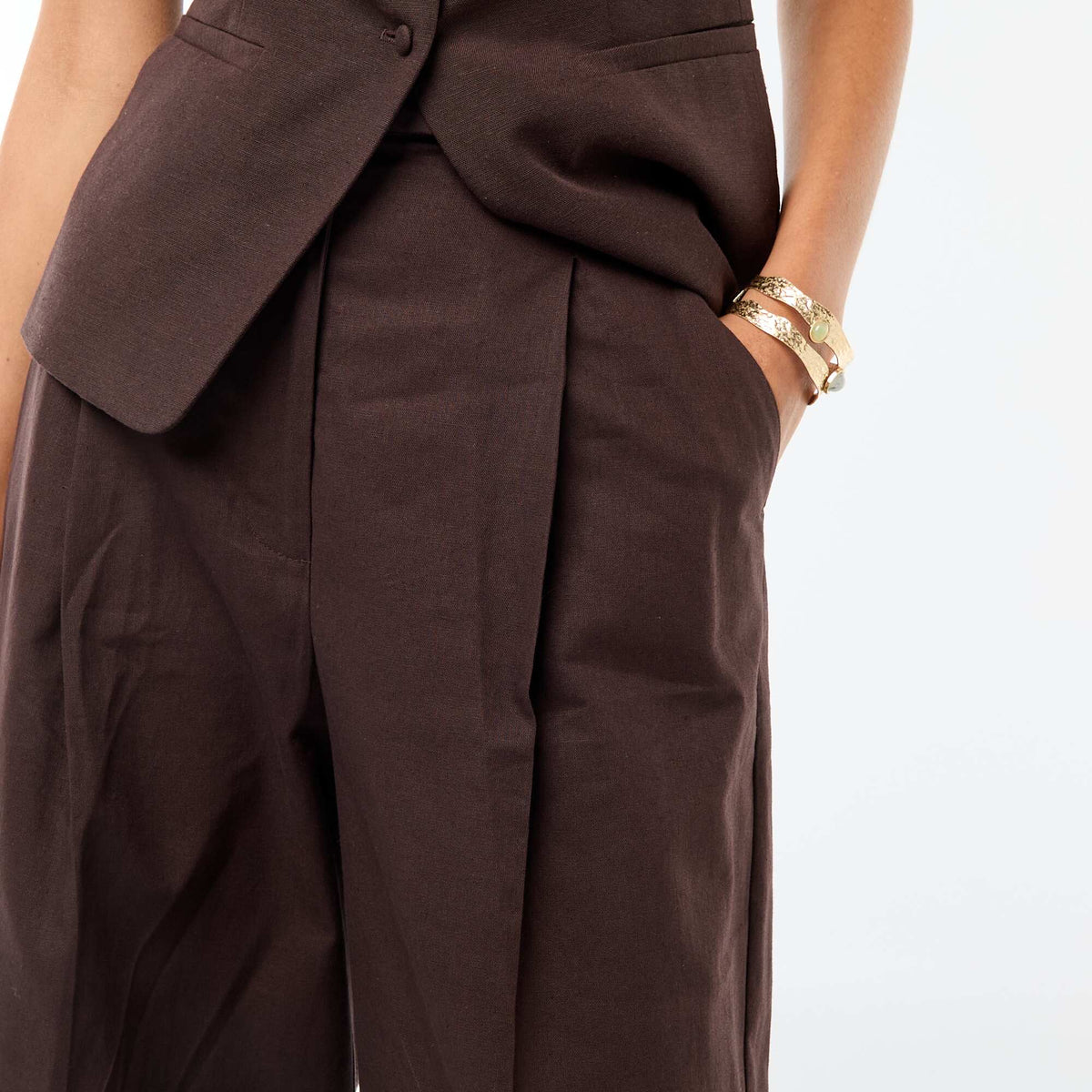 Pantalón ancho de ceremonia en mezcla de lino MARRON