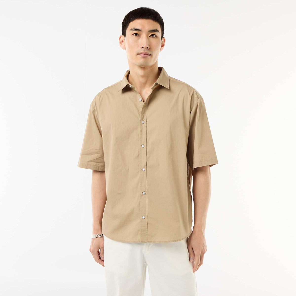 Camisa de manga corta de popelín BEIGE