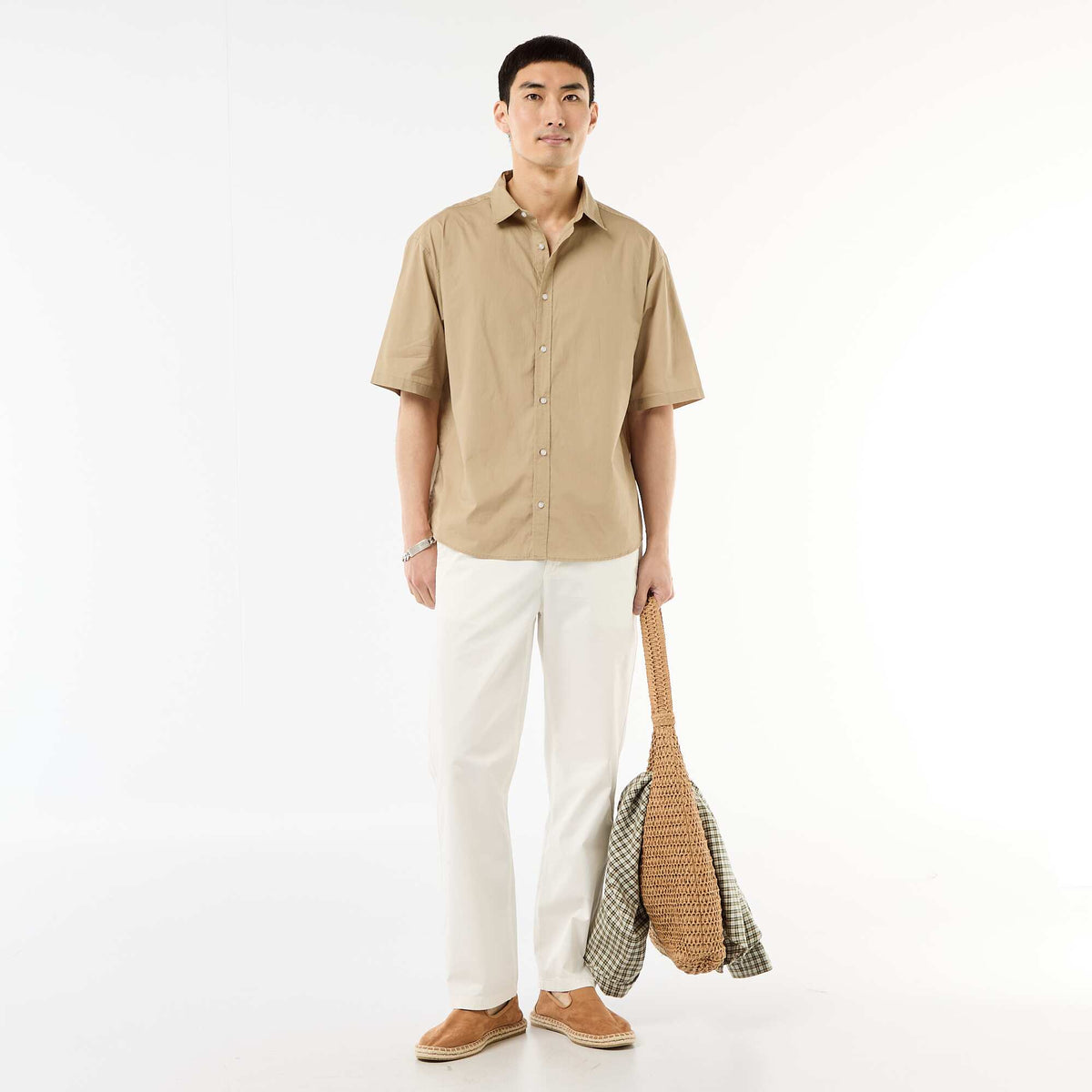 Camisa de manga corta de popelín BEIGE