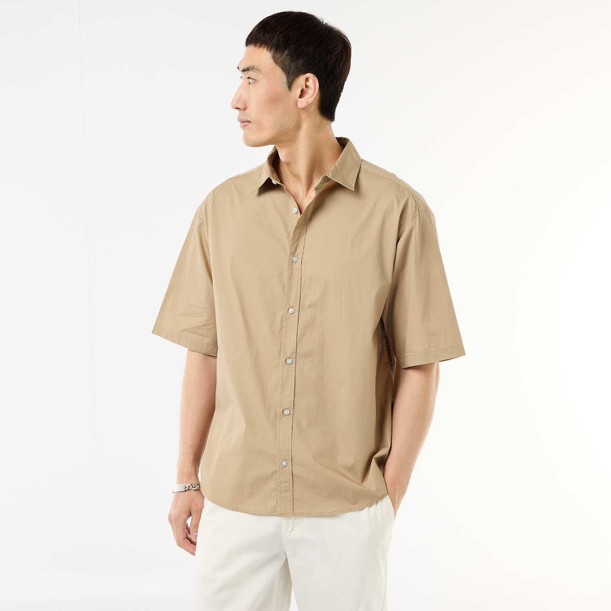 Camisa de manga corta de popelín BEIGE