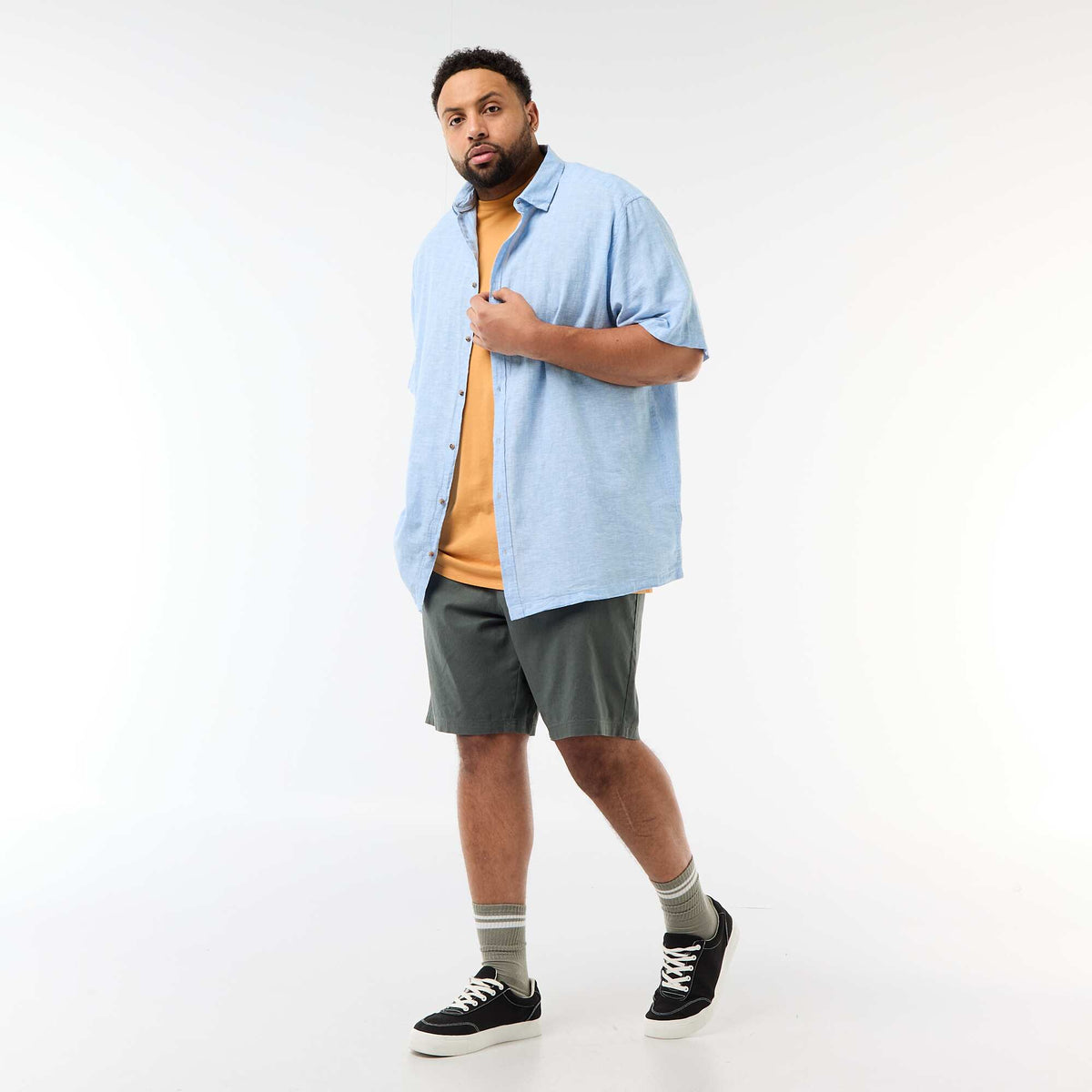 Camisa de manga corta en lino mezclado AZUL