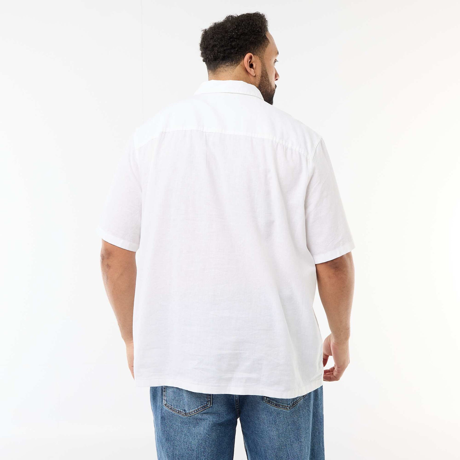 Camisa de manga corta en lino mezclado BLANCO
