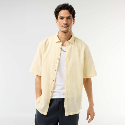 Camisa de manga corta en mezcla de lino AMARILLO