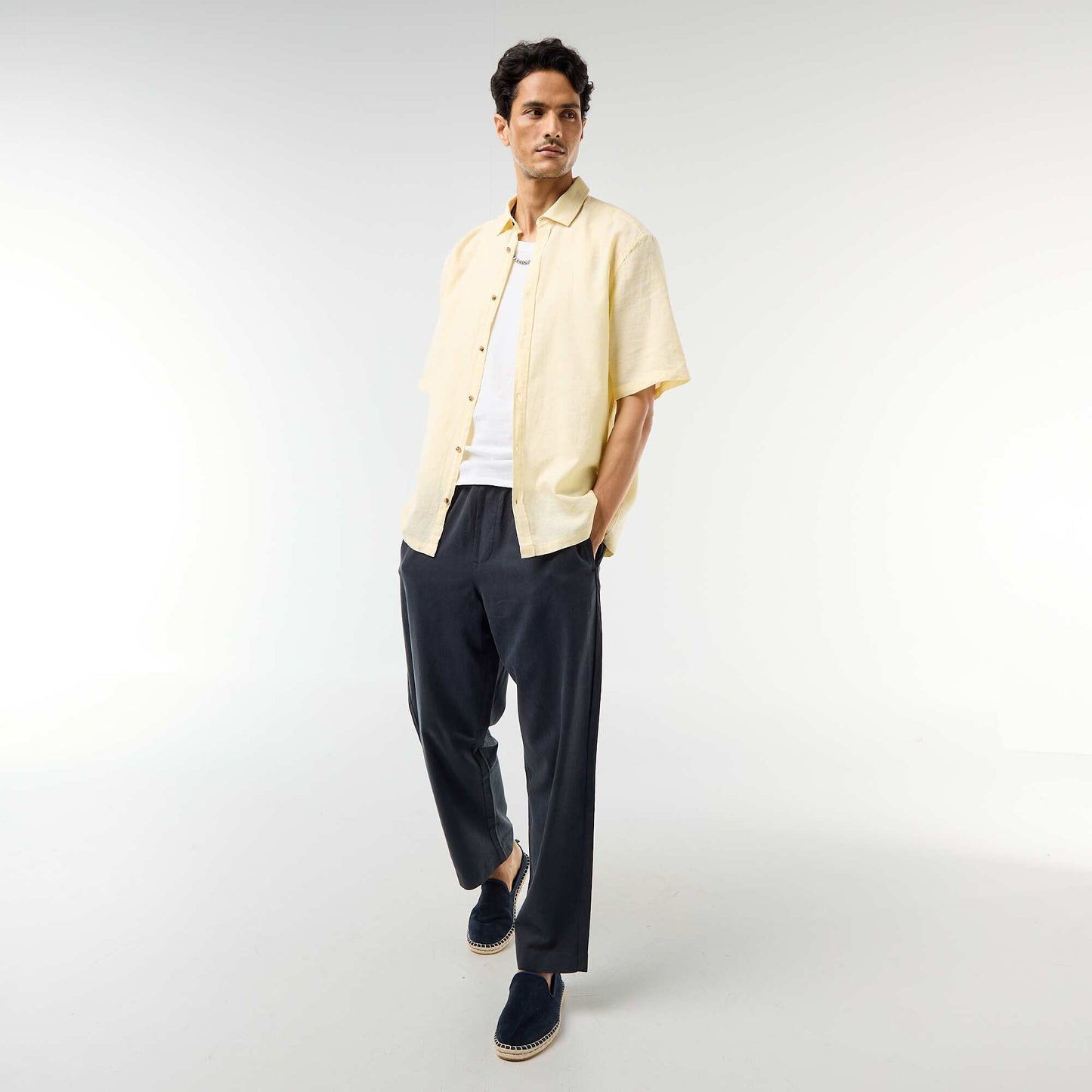 Camisa de manga corta en mezcla de lino AMARILLO