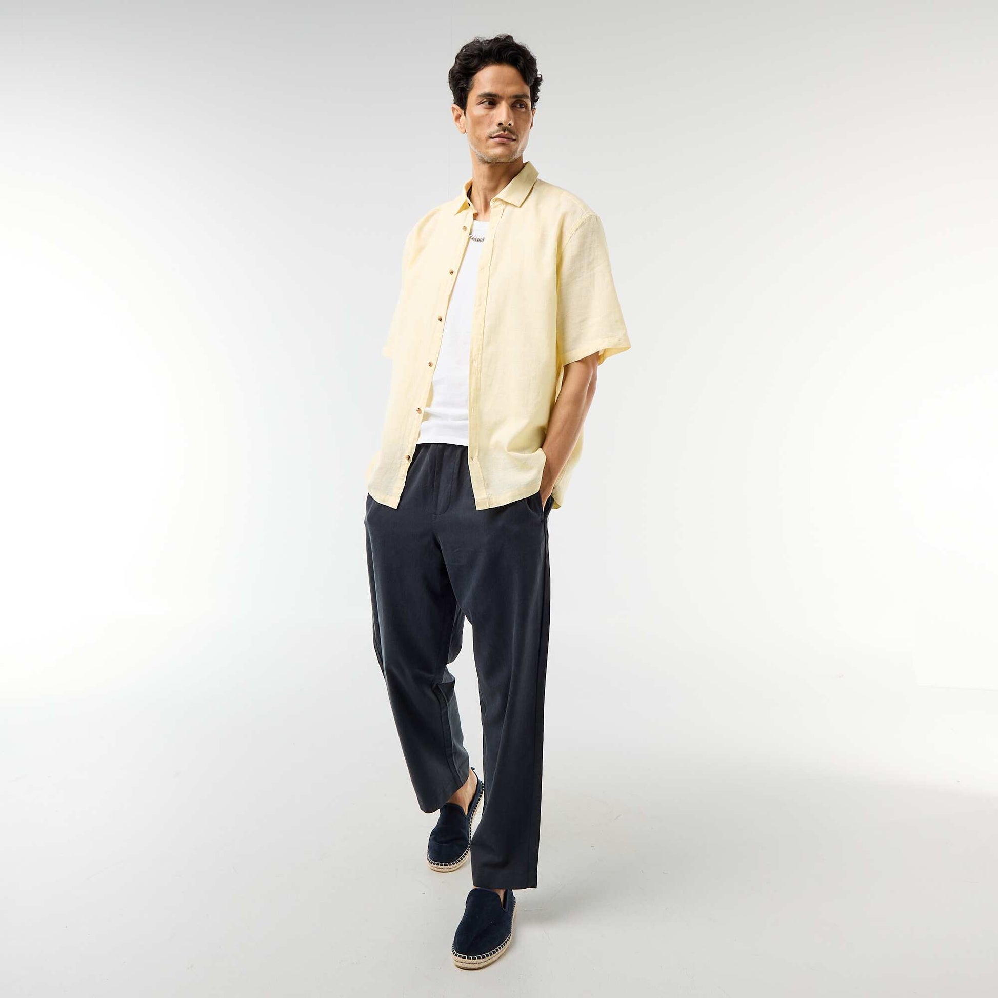 Camisa de manga corta en mezcla de lino AMARILLO