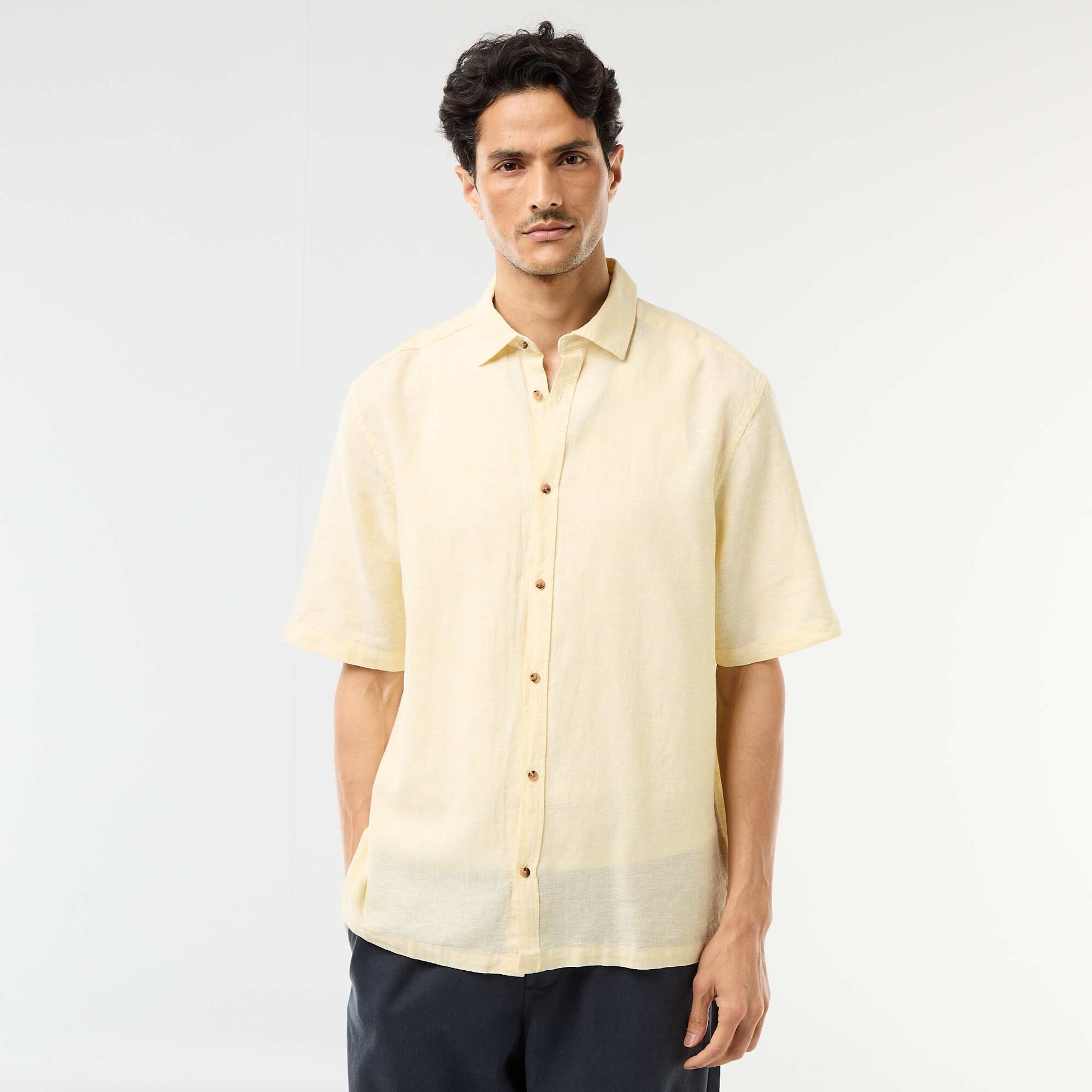Camisa de manga corta en mezcla de lino AMARILLO