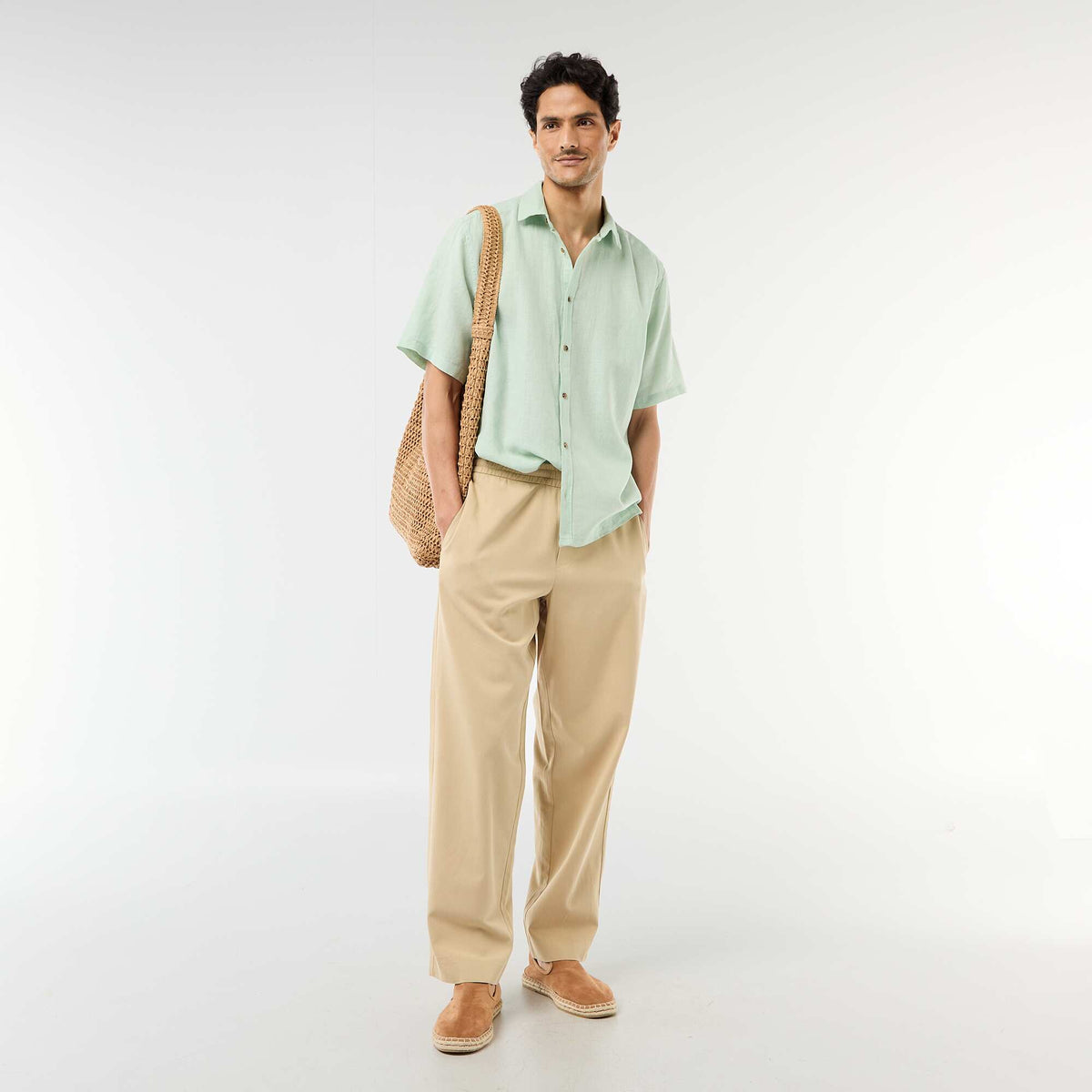 Camisa de manga corta en mezcla de lino VERDE CLARO