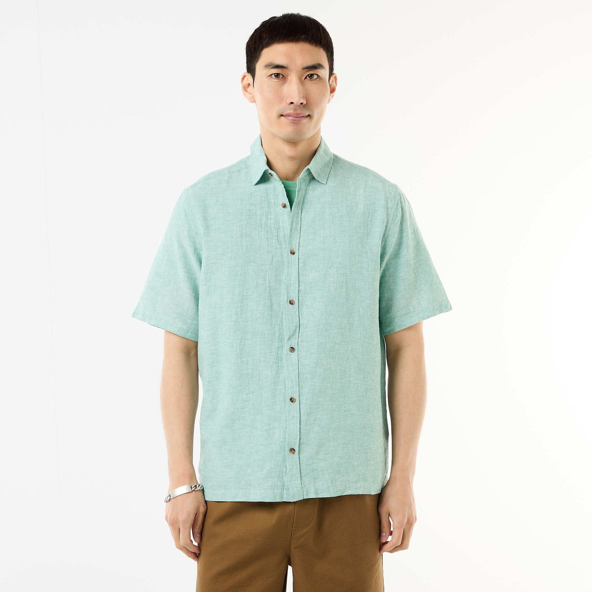 Camisa de manga corta en mezcla de lino VERDE