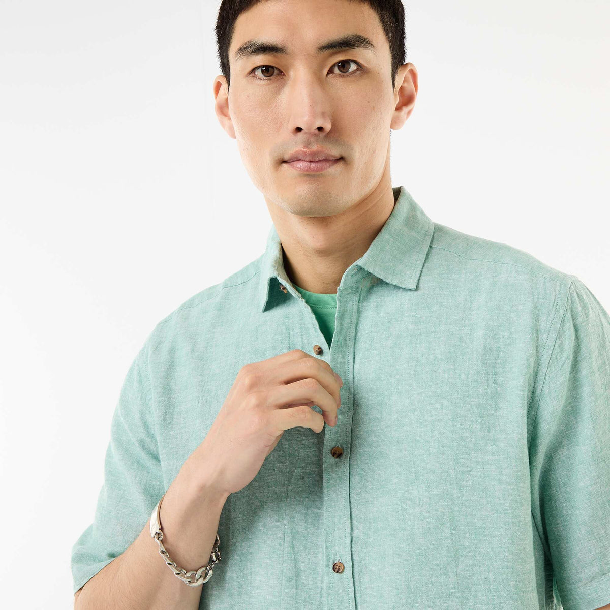 Camisa de manga corta en mezcla de lino VERDE