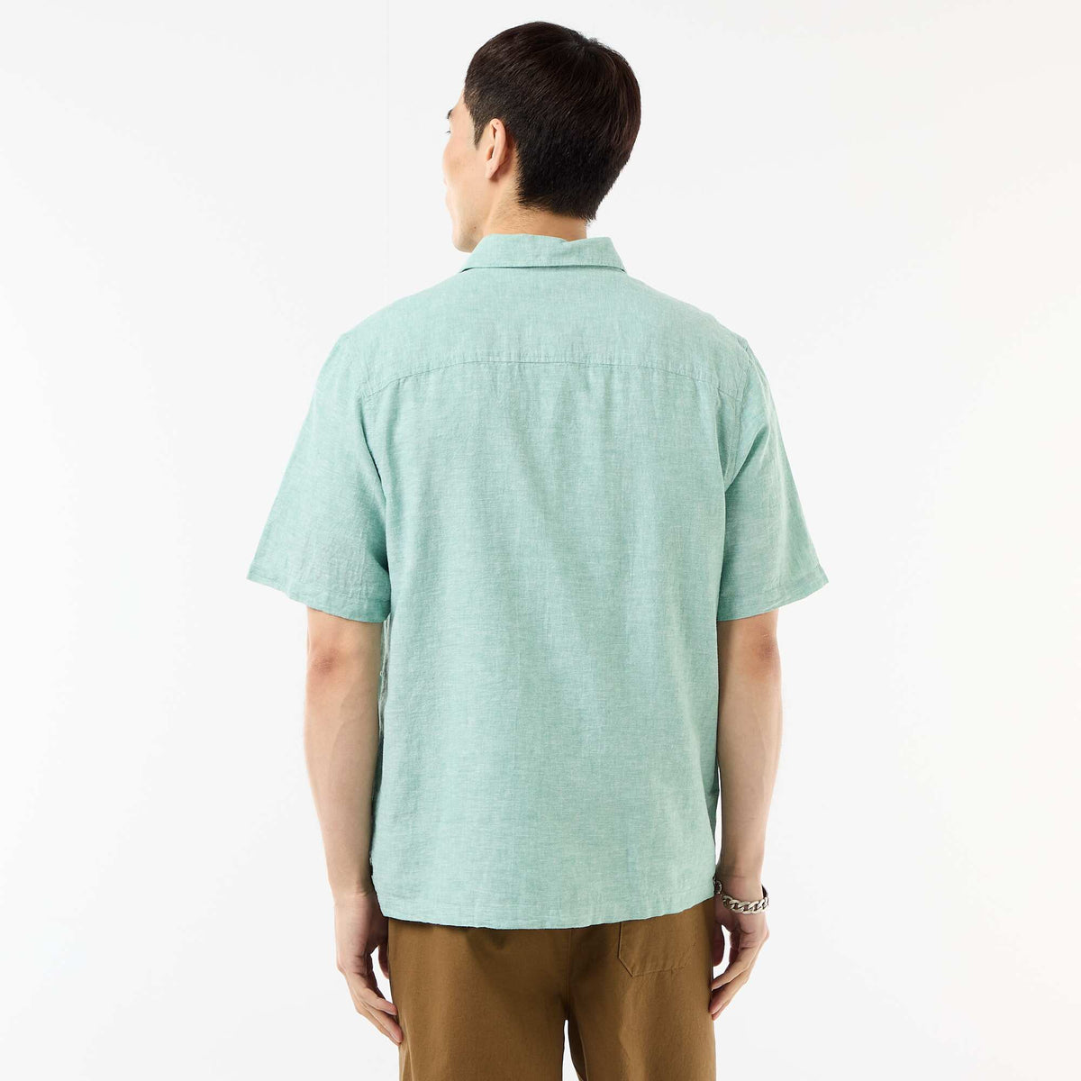 Camisa de manga corta en mezcla de lino VERDE