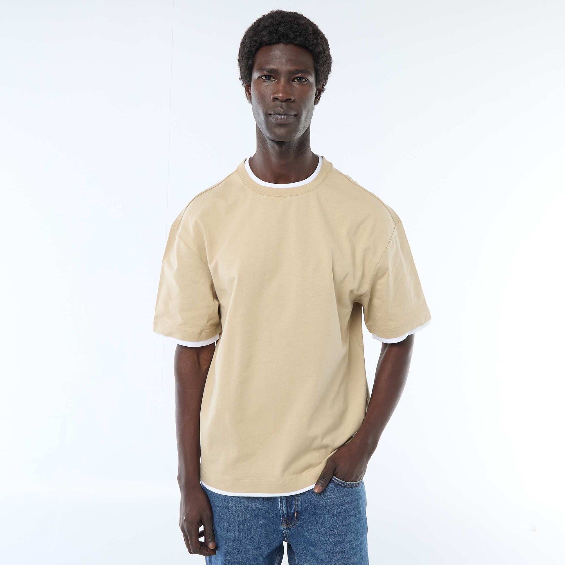 Camiseta efecto 2 en 1 de manga corta BEIGE