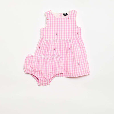 Conjunto de 2 piezas - Vestido vichy sin mangas de popelina de algodón + braguita ROSA