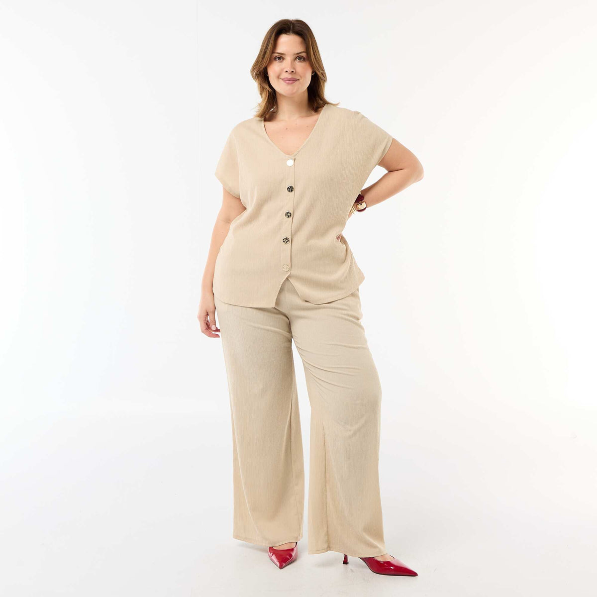 Pantalón ancho de punto crepé BEIGE