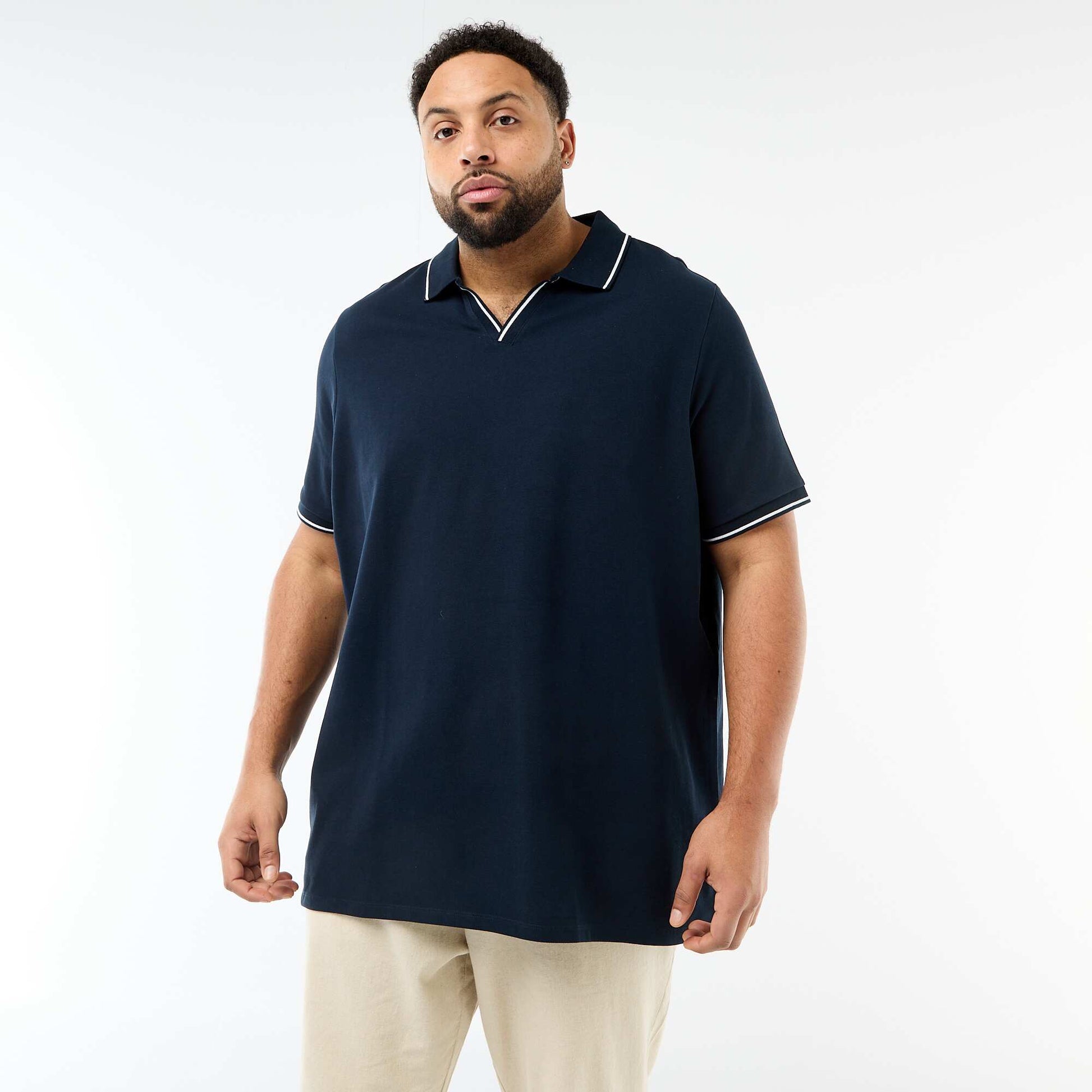 Remera de piqué de algodón con cuello remera sin botones AZUL