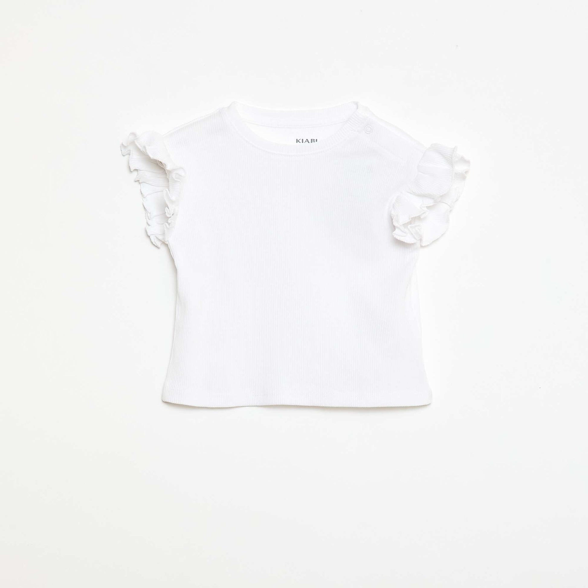 Camiseta de canalé con mangas cortas con volantes BLANCO