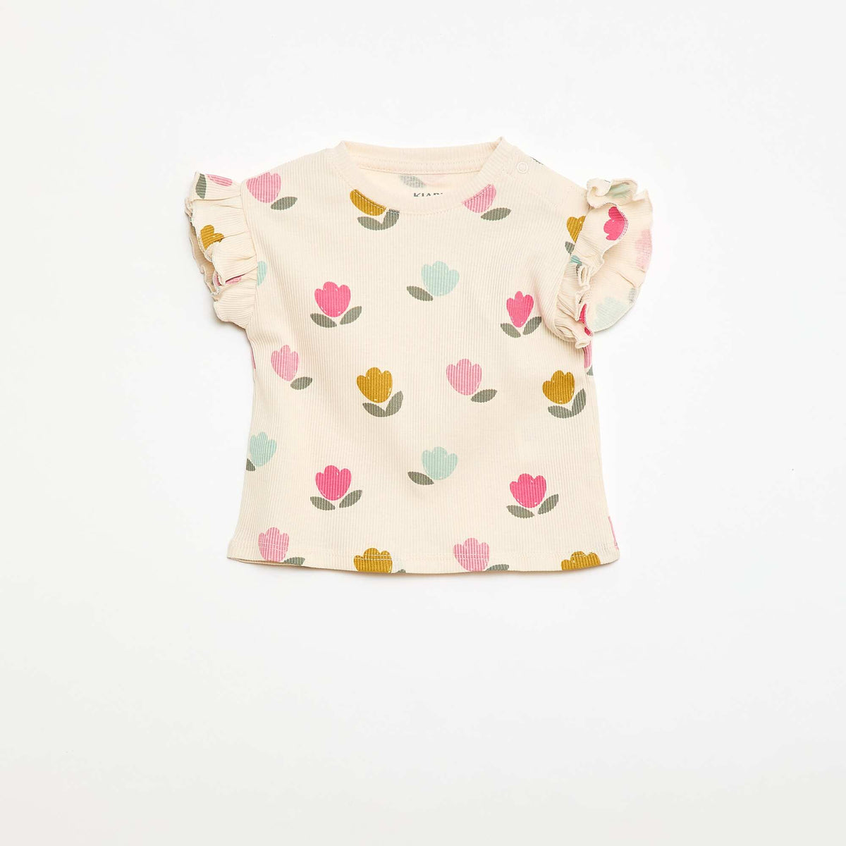 Camiseta de canalé con mangas cortas con volantes BLANCO