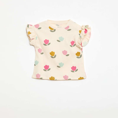Camiseta de canalé con mangas cortas con volantes BLANCO