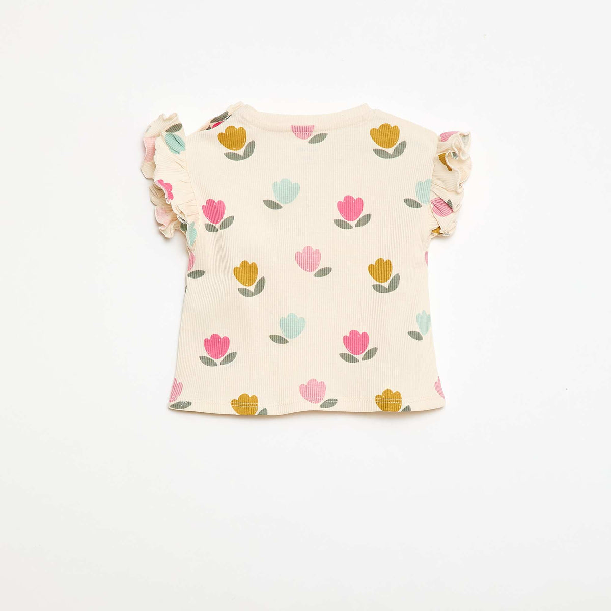 Camiseta de canalé con mangas cortas con volantes BLANCO