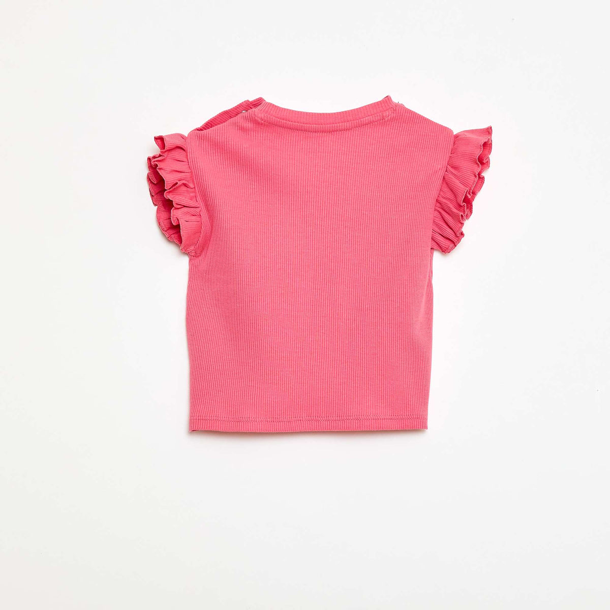 Camiseta de canalé con mangas cortas con volantes ROSA