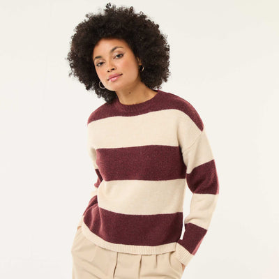 Sweater de rayas de cuello redondo en tejido suave BEIGE
