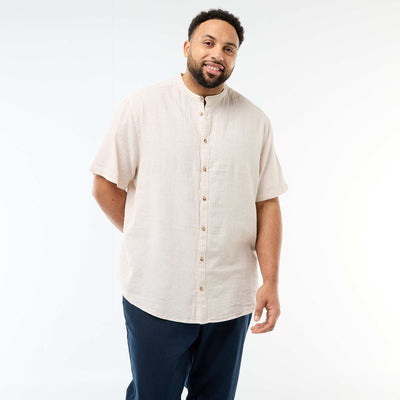 Camisa de lino mezclado de manga corta BEIGE