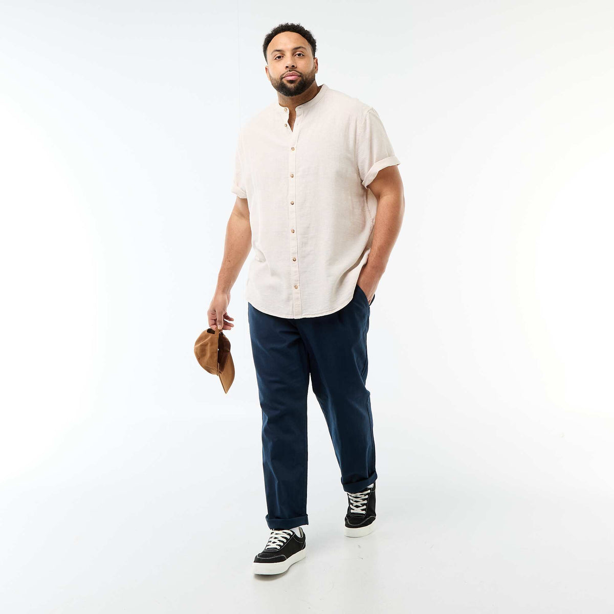 Camisa de lino mezclado de manga corta BEIGE