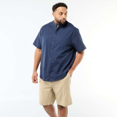 Camisa de lino mezclado de manga corta AZUL