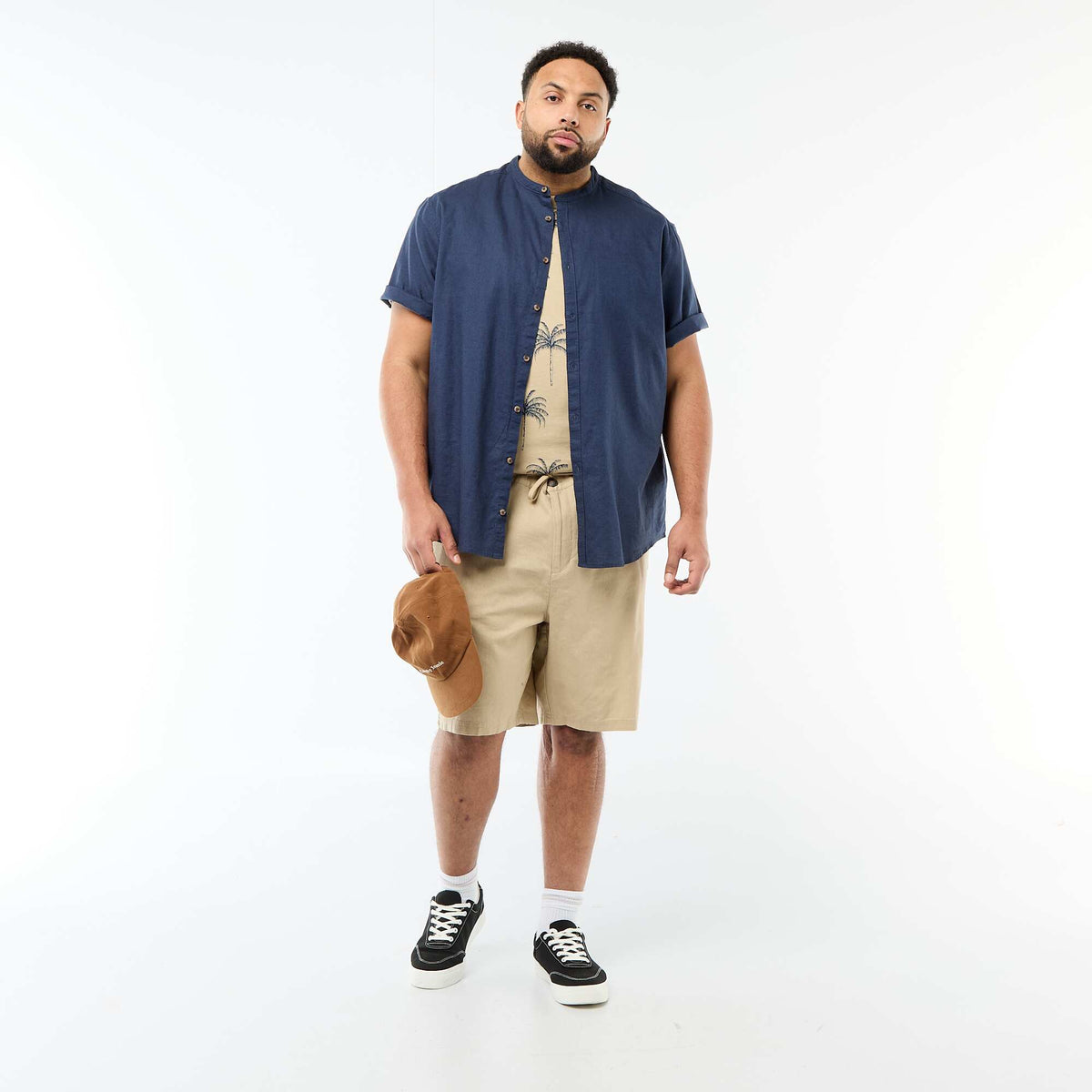 Camisa de lino mezclado de manga corta AZUL