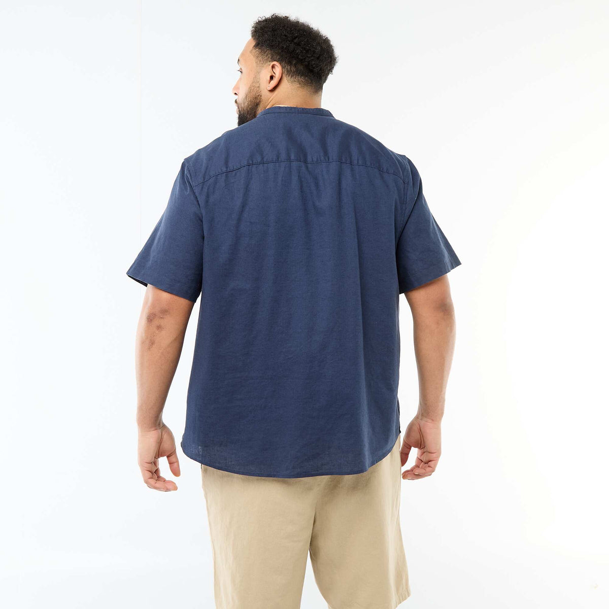 Camisa de lino mezclado de manga corta AZUL