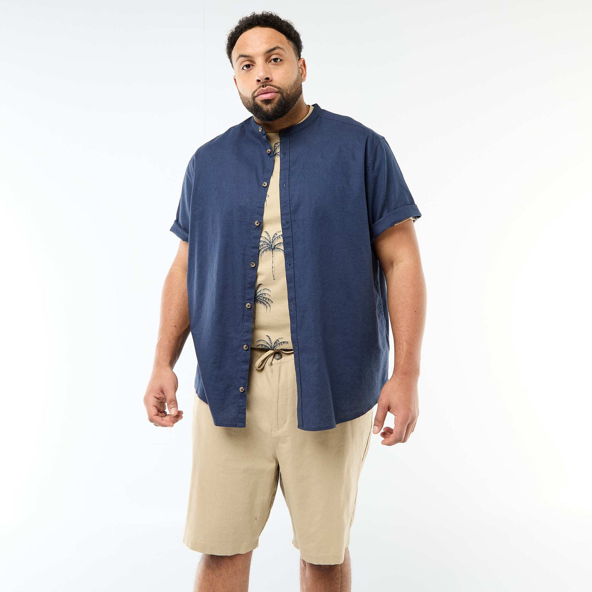 Camisa de lino mezclado de manga corta AZUL