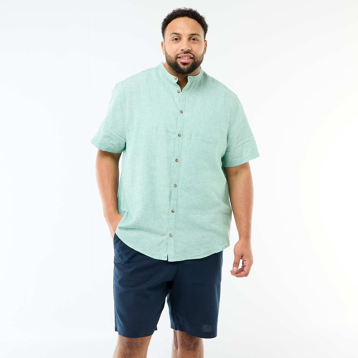 Camisa de lino mezclado de manga corta VERDE