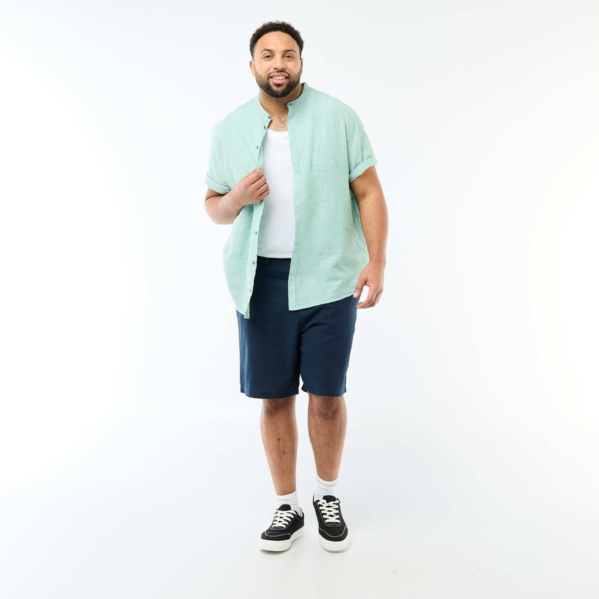 Camisa de lino mezclado de manga corta VERDE