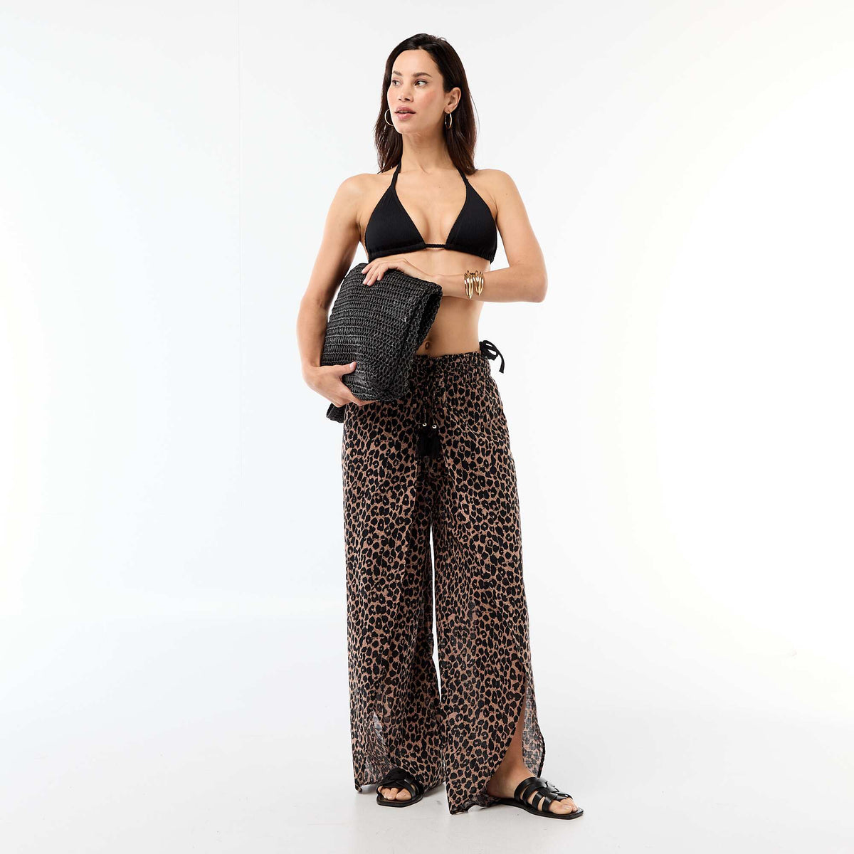 Tanga de bikini de malla texturizada con lazos para atar NEGRO