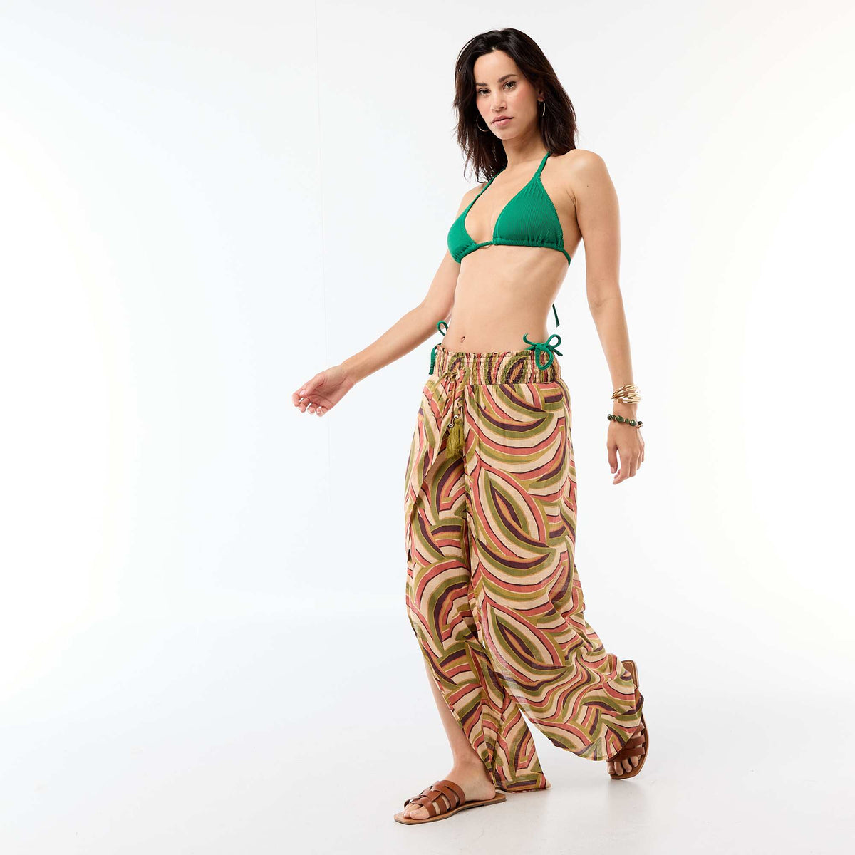 Tanga de bikini de malla texturizada con lazos para atar VERDE