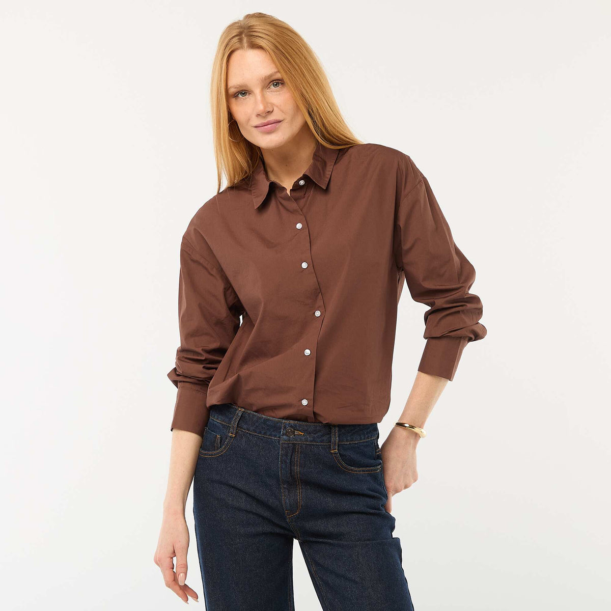 Camisa de popelina de manga larga MARRON