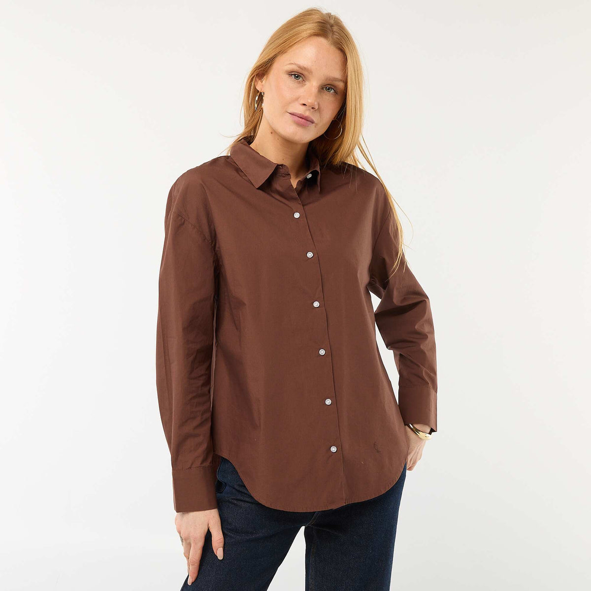 Camisa de popelina de manga larga MARRON