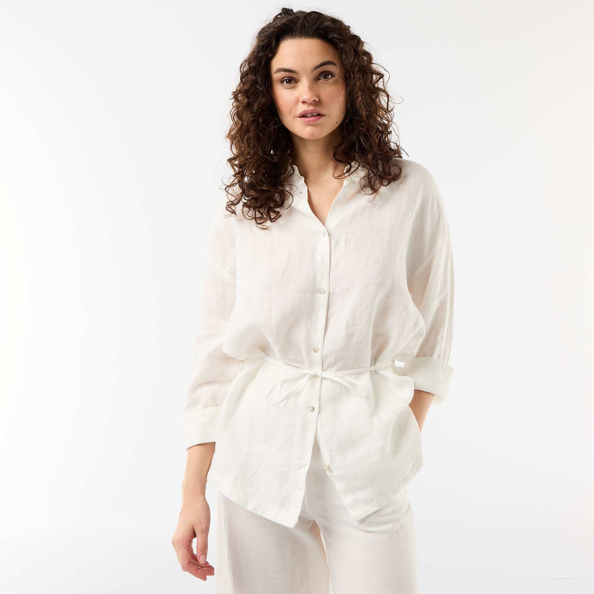 Camisa larga lisa de lino BLANCO