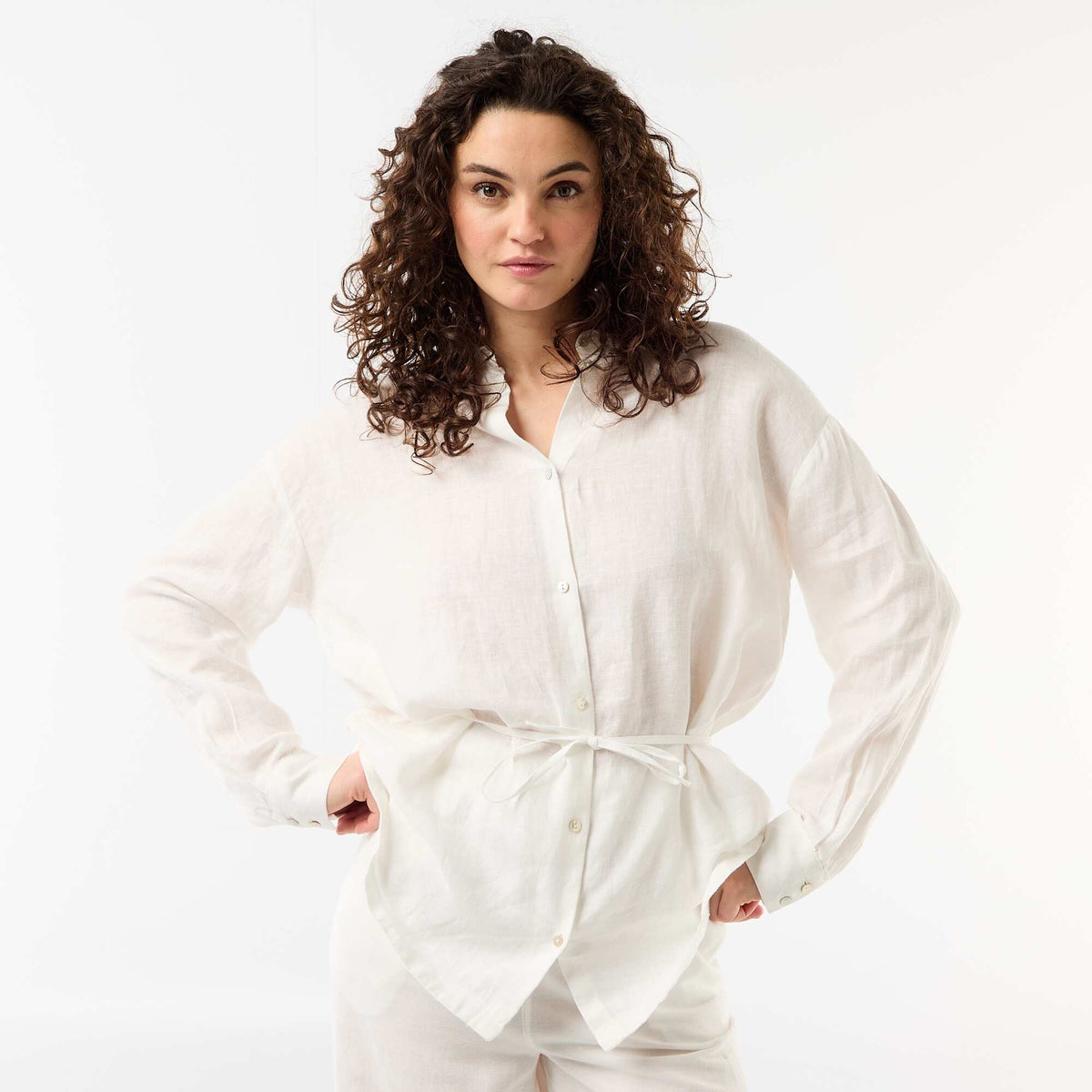 Camisa larga lisa de lino BLANCO