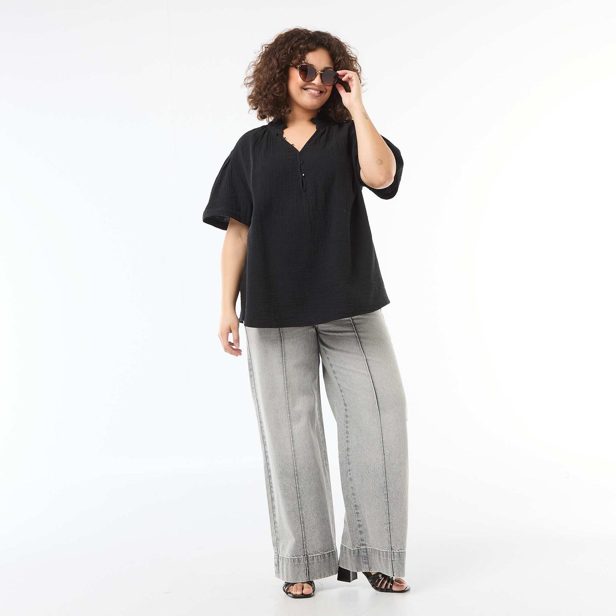 Blusa de gasa de algodón con cuello fruncido NEGRO