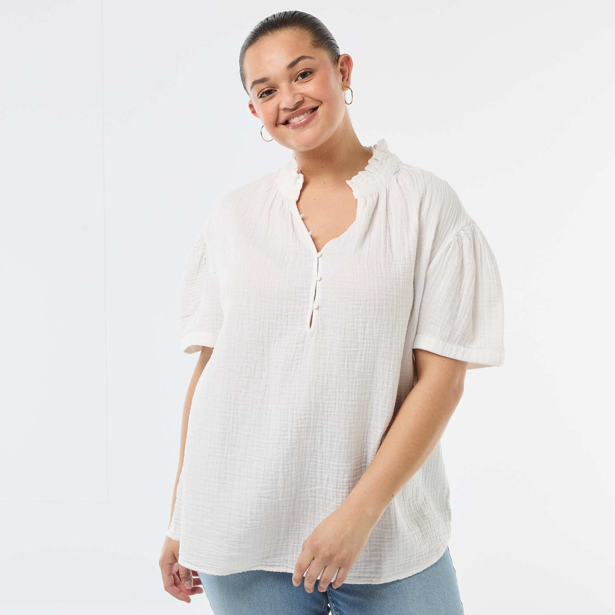 Blusa de gasa de algodón con cuello fruncido BLANCO
