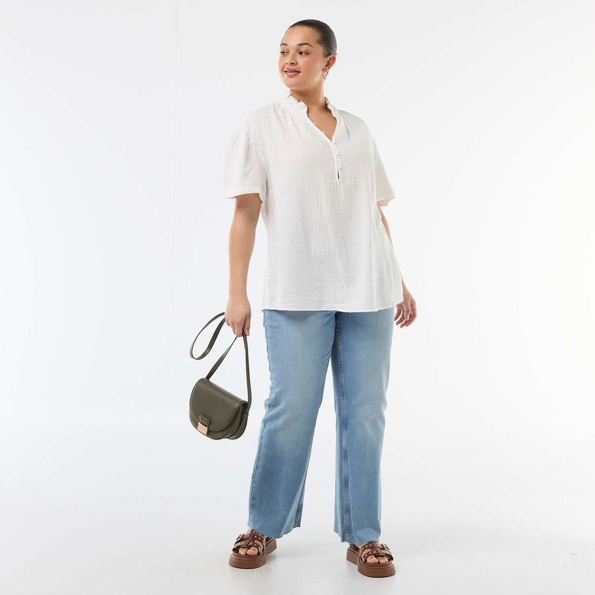 Blusa de gasa de algodón con cuello fruncido BLANCO
