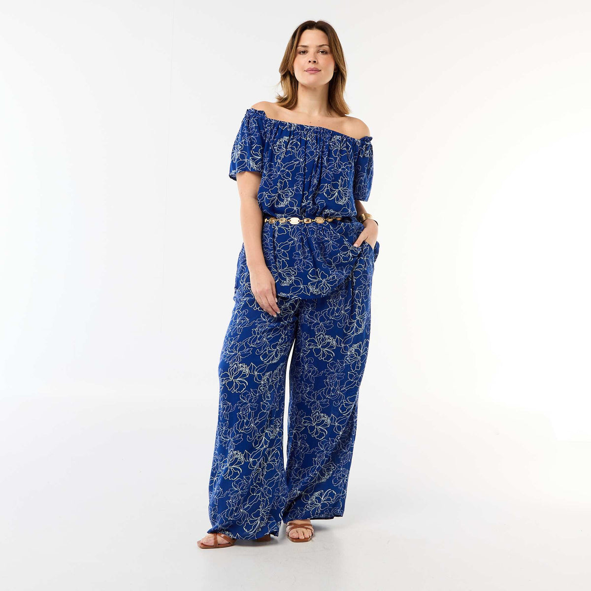 Blusa fluida crepé de manga corta AZUL
