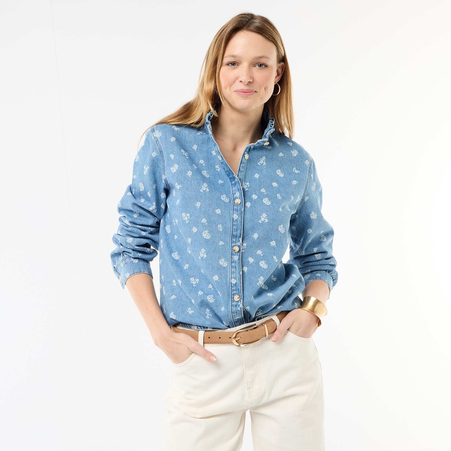 Blusa vaquera con cuello con volantes AZUL