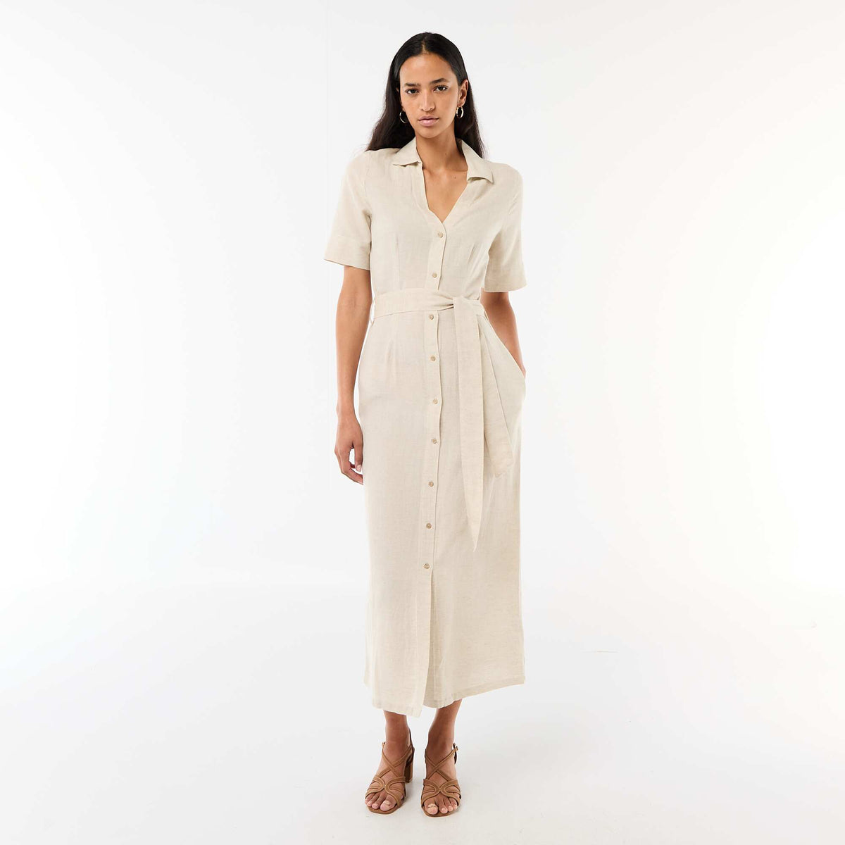 Vestido camisero largo de manga corta en algodón y lino BEIGE